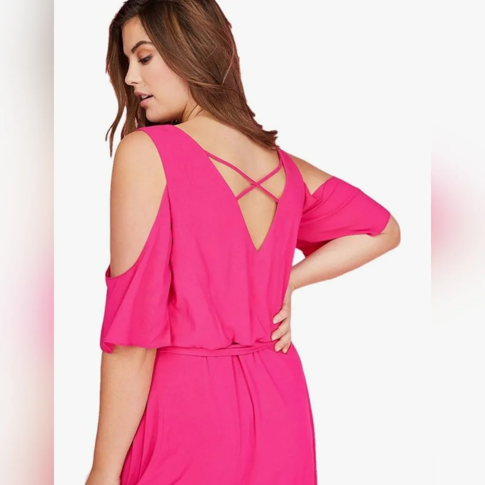 Lane Bryant cold shoulder dress sz 20 pink shark bite hem tie belt NWT - Picture 10 of 15